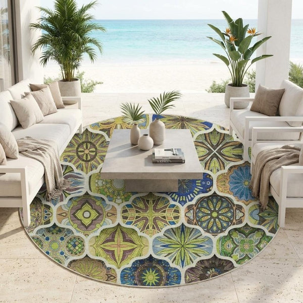 8 Foot Round Ogee Polyester Area Rug Washable for Patio Kitchen or Family Room