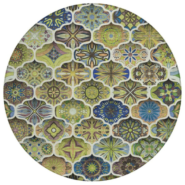 HomeRoots 8 Foot Round Ogee Polyester Area Rug Washable for Patio Kitchen or Family Room 746208