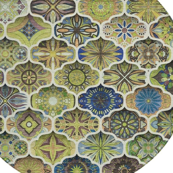 8 Foot Round Ogee Polyester Area Rug Washable for Patio Kitchen or Family Room