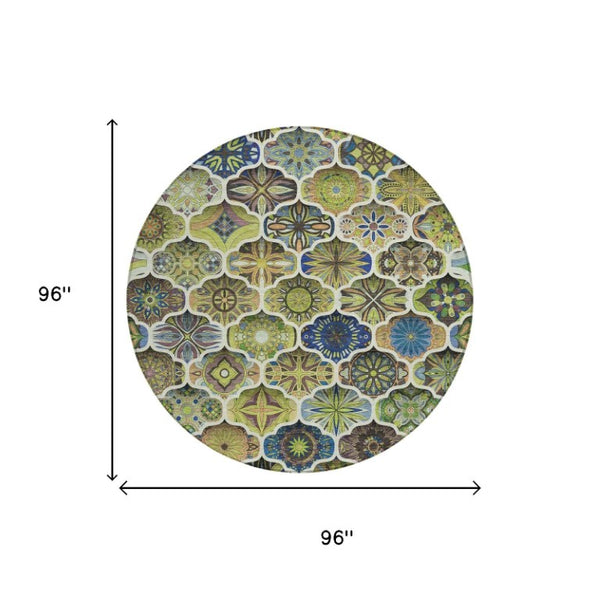 8 Foot Round Ogee Polyester Area Rug Washable for Patio Kitchen or Family Room