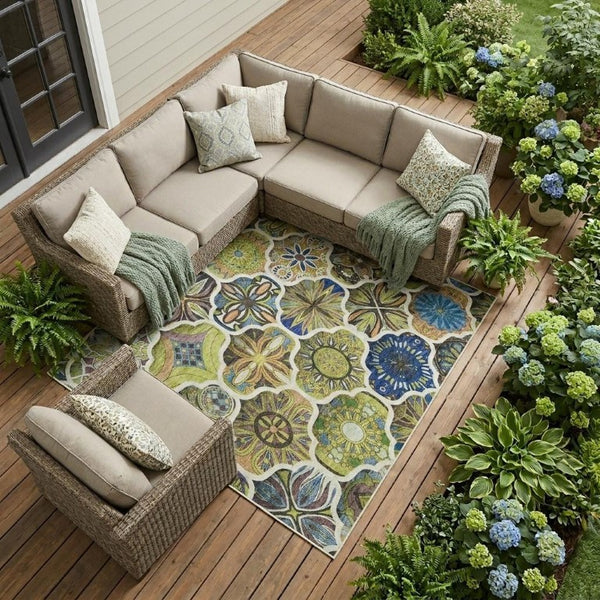 8 X 10 Ogee Polyester Indoor Outdoor Rug Washable Stain Resistant Patio Decor