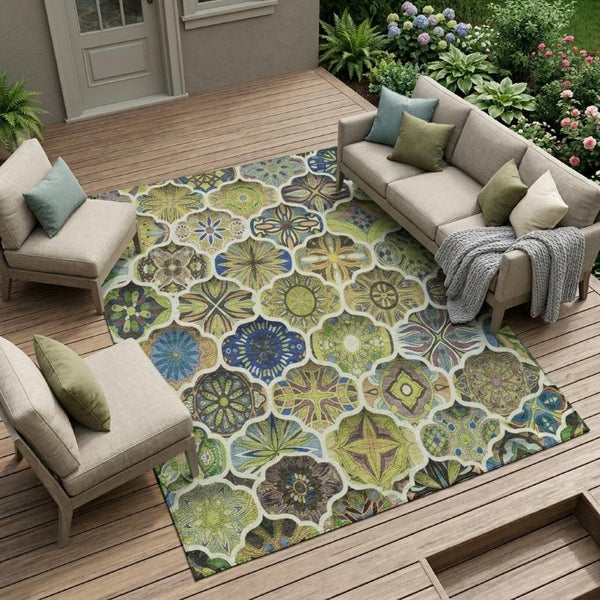 9 X 12 Ogee Polyester Area Rug Washable Stain Resistant for Patio or Living Room