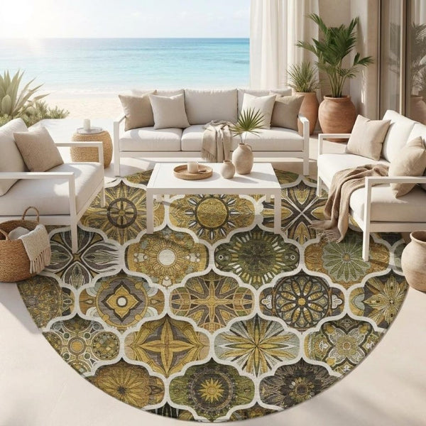 8 Foot Round Ogee Polyester Area Rug Washable Indoor Outdoor Patio Pet Friendly