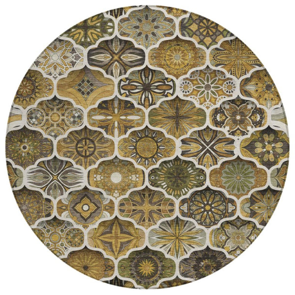 8 Foot Round Ogee Polyester Area Rug Washable Indoor Outdoor Patio Pet Friendly