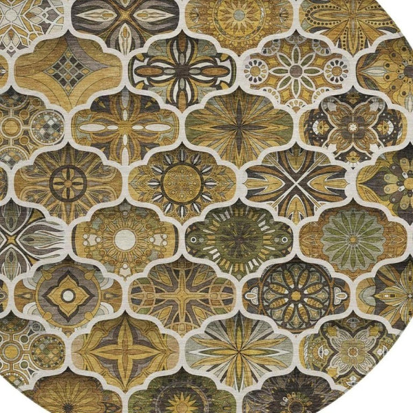 8 Foot Round Ogee Polyester Area Rug Washable Indoor Outdoor Patio Pet Friendly