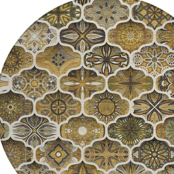 8 Foot Round Ogee Polyester Area Rug Washable Indoor Outdoor Patio Pet Friendly