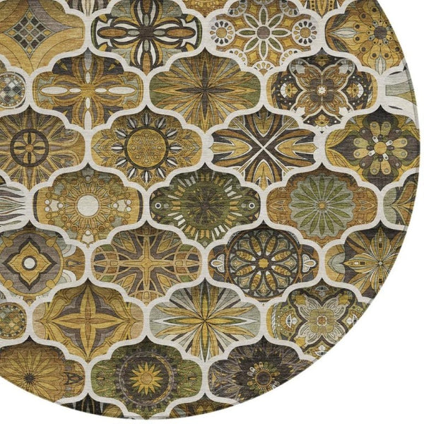8 Foot Round Ogee Polyester Area Rug Washable Indoor Outdoor Patio Pet Friendly