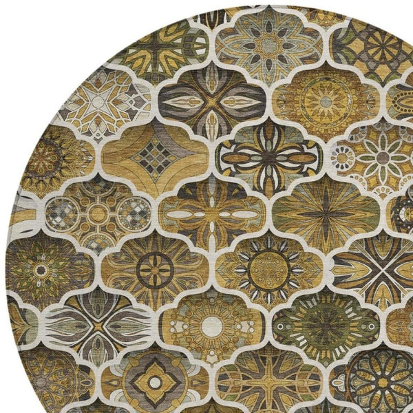 8 Foot Round Ogee Polyester Area Rug Washable Indoor Outdoor Patio Pet Friendly