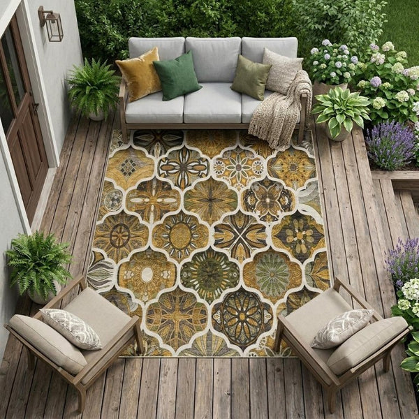 8x10 Ogee Patterned Washable Polyester Area Rug for Patio Porch and Living Spaces