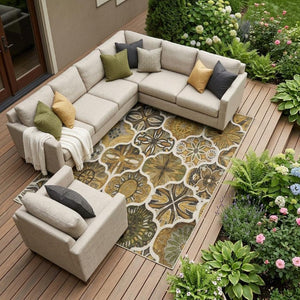 9 X 12 Brown Ogee Polyester Area Rug Stain Resistant for Indoor Outdoor Use
