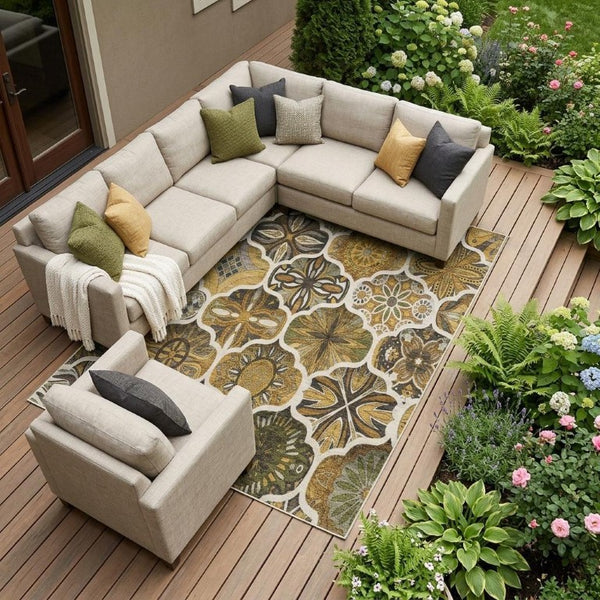 9 X 12 Brown Ogee Polyester Area Rug Stain Resistant for Indoor Outdoor Use