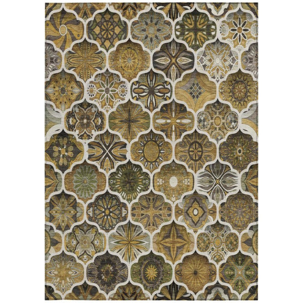 9 X 12 Brown Ogee Polyester Area Rug Stain Resistant for Indoor Outdoor Use