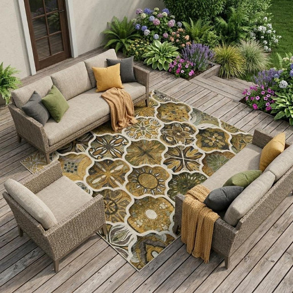 10 Ft X 14 Ft Brown Ogee Polyester Washable Rug for Patio Porch or Living Room