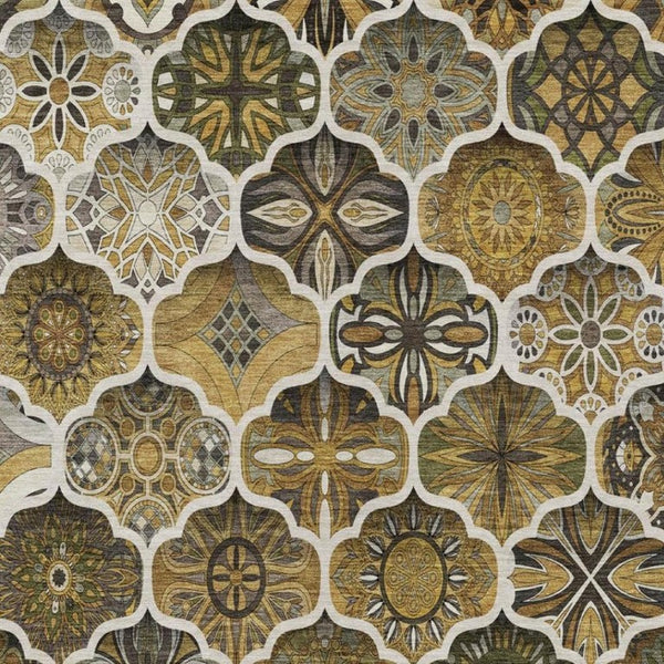 10 Ft X 14 Ft Brown Ogee Polyester Washable Rug for Patio Porch or Living Room