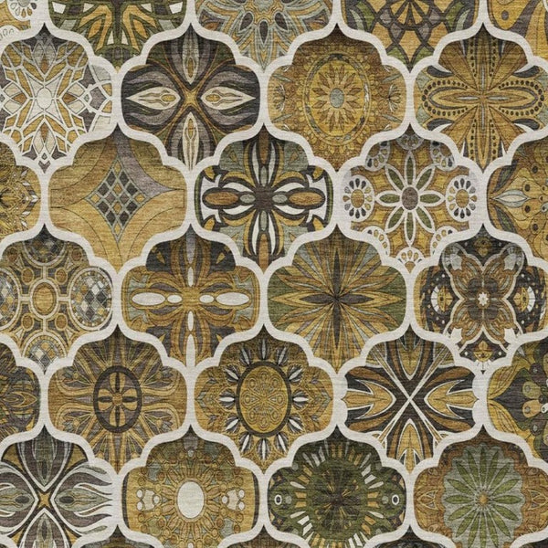10 Ft X 14 Ft Brown Ogee Polyester Washable Rug for Patio Porch or Living Room