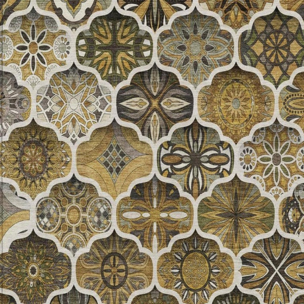 10 Ft X 14 Ft Brown Ogee Polyester Washable Rug for Patio Porch or Living Room