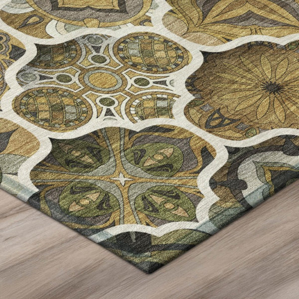 10 Ft X 14 Ft Brown Ogee Polyester Washable Rug for Patio Porch or Living Room