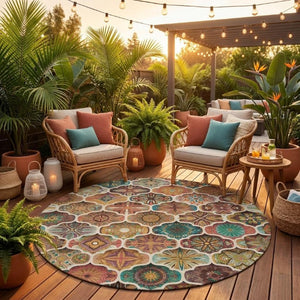 8 Foot Copper Orange Round Ogee Polyester Washable Rug for Indoor Outdoor Use