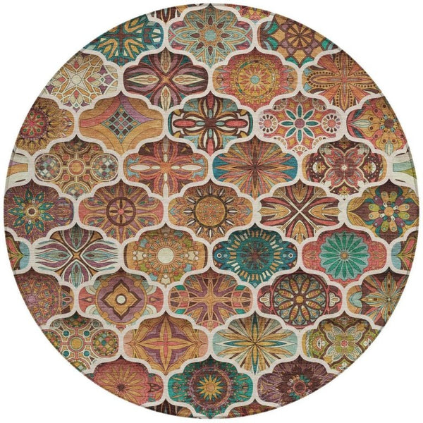 8 Foot Copper Orange Round Ogee Polyester Washable Rug for Indoor Outdoor Use