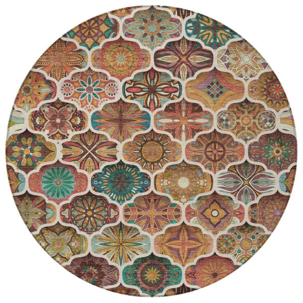 8 Foot Copper Orange Round Ogee Polyester Washable Rug for Indoor Outdoor Use
