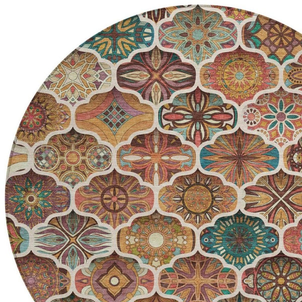 8 Foot Copper Orange Round Ogee Polyester Washable Rug for Indoor Outdoor Use