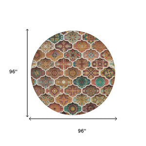 8 Foot Copper Orange Round Ogee Polyester Washable Rug for Indoor Outdoor Use