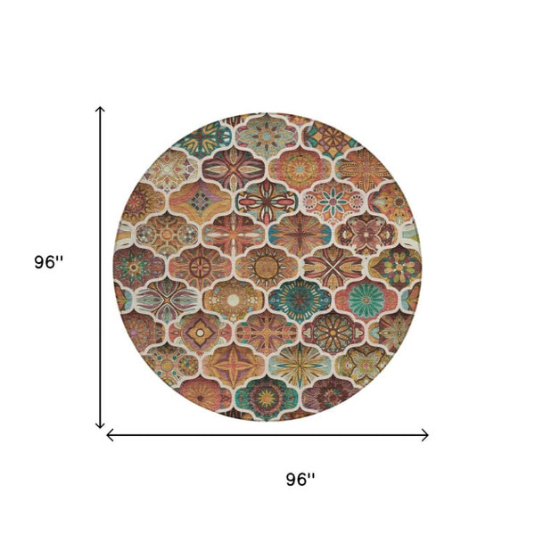8 Foot Copper Orange Round Ogee Polyester Washable Rug for Indoor Outdoor Use