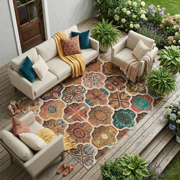 8 X 10 Copper Orange Ogee Polyester Area Rug Washable Stain Resistant Indoor Outdoor