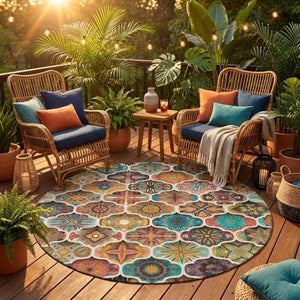 8 Foot Round Ogee Polyester Area Rug Washable for Patio Porch Poolside and Family Room