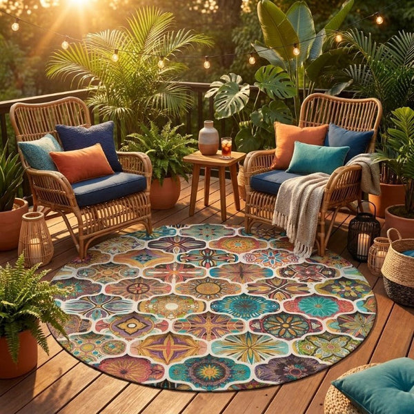 8 Foot Round Ogee Polyester Area Rug Washable for Patio Porch Poolside and Family Room