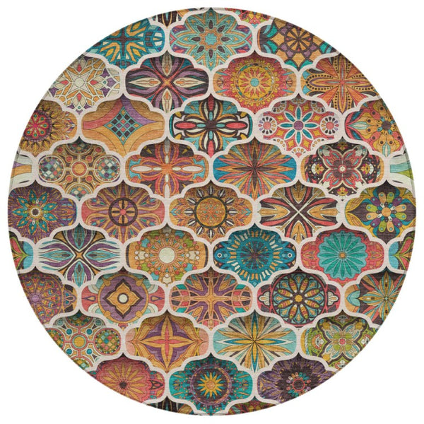 HomeRoots 8 Foot Round Ogee Polyester Area Rug Washable for Patio Porch Poolside and Family Room 746226