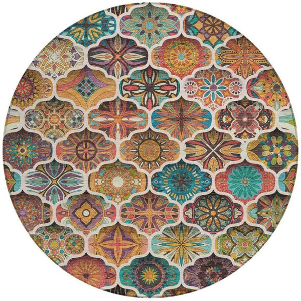 8 Foot Round Ogee Polyester Area Rug Washable for Patio Porch Poolside and Family Room