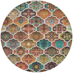 8 Foot Round Ogee Polyester Area Rug Washable for Patio Porch Poolside and Family Room