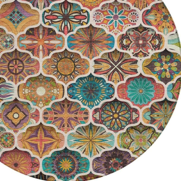 8 Foot Round Ogee Polyester Area Rug Washable for Patio Porch Poolside and Family Room