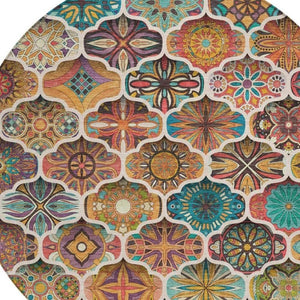 8 Foot Round Ogee Polyester Area Rug Washable for Patio Porch Poolside and Family Room