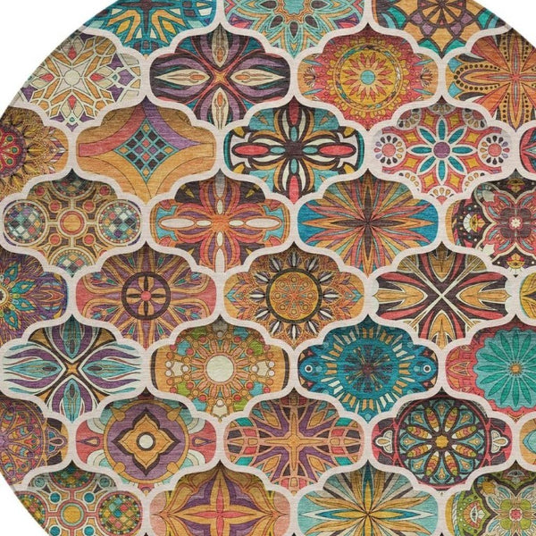8 Foot Round Ogee Polyester Area Rug Washable for Patio Porch Poolside and Family Room