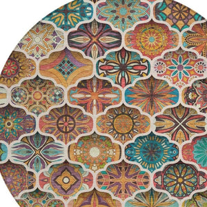 8 Foot Round Ogee Polyester Area Rug Washable for Patio Porch Poolside and Family Room