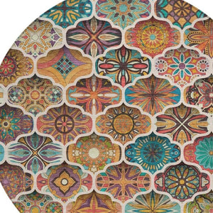 8 Foot Round Ogee Polyester Area Rug Washable for Patio Porch Poolside and Family Room