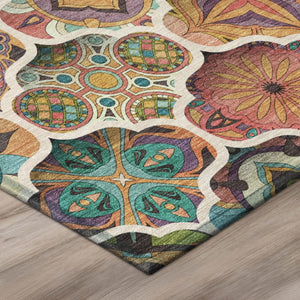 8 Foot Round Ogee Polyester Area Rug Washable for Patio Porch Poolside and Family Room