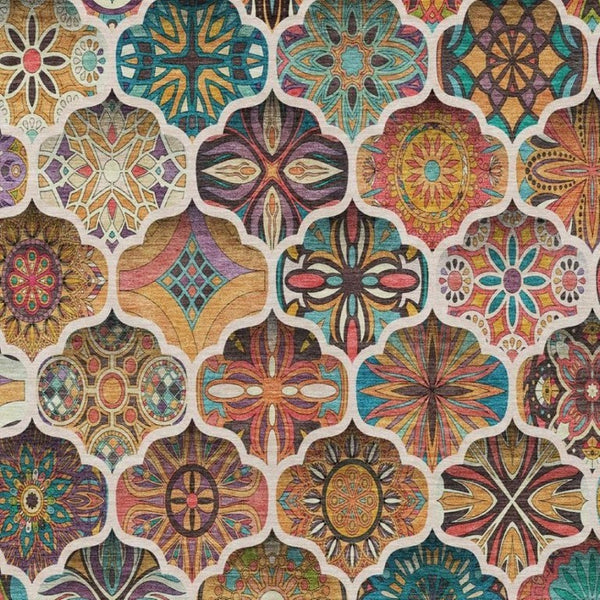 8 X 10 Coral Orange Ogee Polyester Area Rug Washable Stain Resistant Patio