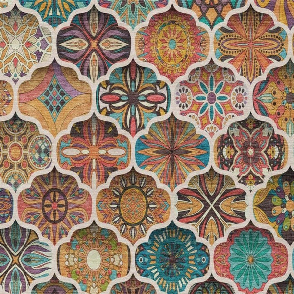 8 X 10 Coral Orange Ogee Polyester Area Rug Washable Stain Resistant Patio
