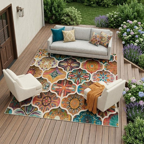 9 X 12 Coral Ogee Polyester Area Rug Stain Resistant for Patio or Living Room