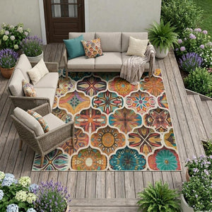 10 X 14 Coral Orange Ogee Polyester Washable Rug for Indoor Outdoor Spaces