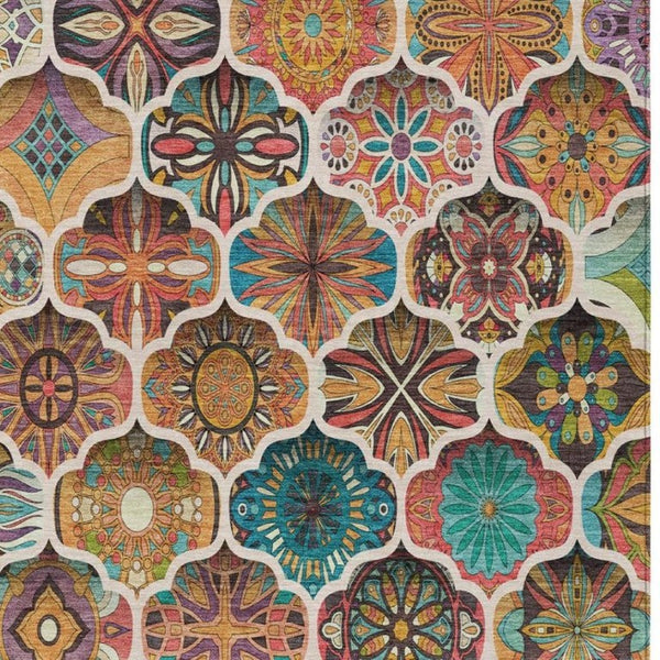 10 X 14 Coral Orange Ogee Polyester Washable Rug for Indoor Outdoor Spaces