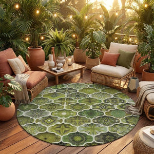 8 Ft Round Olive Ogee Polyester Area Rug Washable Stain Resistant Indoor Outdoor