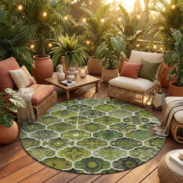 8 Ft Round Olive Ogee Polyester Area Rug Washable Stain Resistant Indoor Outdoor