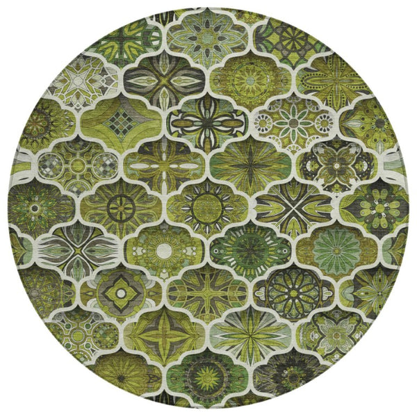 HomeRoots 8 Ft Round Olive Ogee Polyester Area Rug Washable Stain Resistant Indoor Outdoor 746232