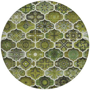 8 Ft Round Olive Ogee Polyester Area Rug Washable Stain Resistant Indoor Outdoor