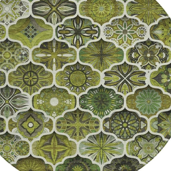 8 Ft Round Olive Ogee Polyester Area Rug Washable Stain Resistant Indoor Outdoor