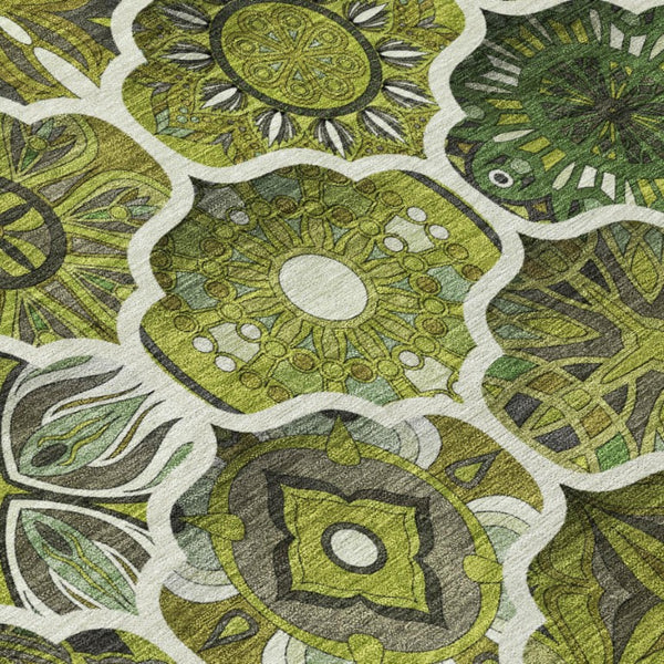8 Ft Round Olive Ogee Polyester Area Rug Washable Stain Resistant Indoor Outdoor